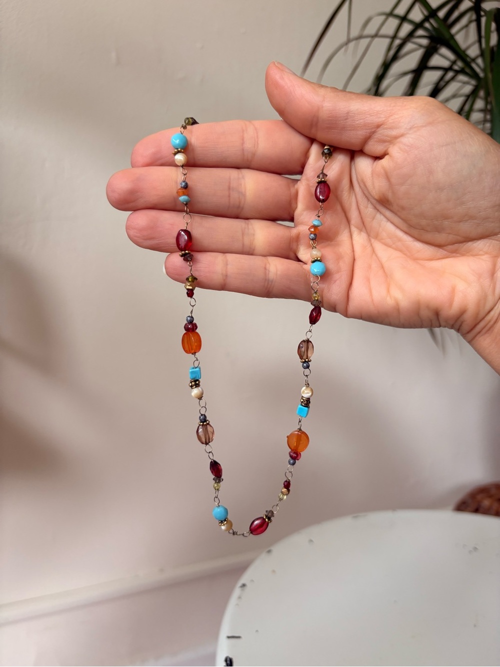 Boho Multi-Bead Necklace in Turquoise, Amber & Garnet Statement Necklace